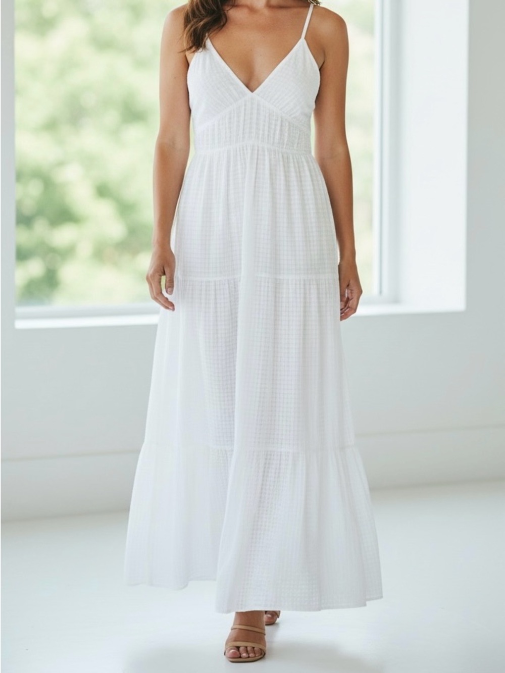White flowy Maxi Deep V-Neck Small Dress Textured Cottagecore Boho Beach Bridal